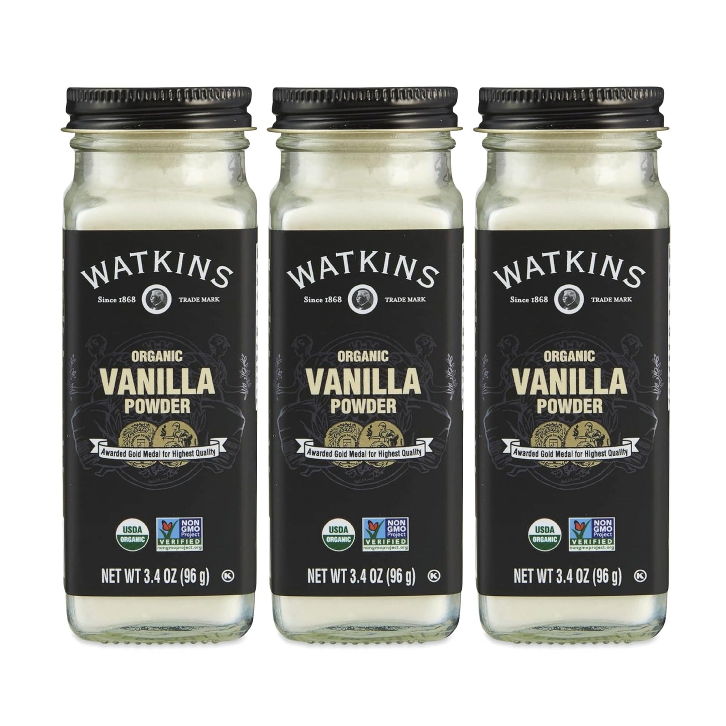 Watkins Gourmet Organic Spice Jar Vanilla Powder 3.4 oz Bottle 3-Pack BLACK