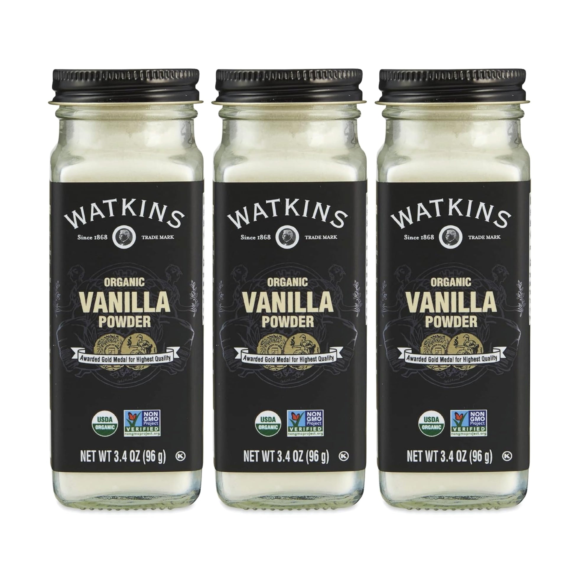 Watkins Gourmet Organic Spice Jar Vanilla Powder 3.4 oz Bottle 3-Pack BLACK