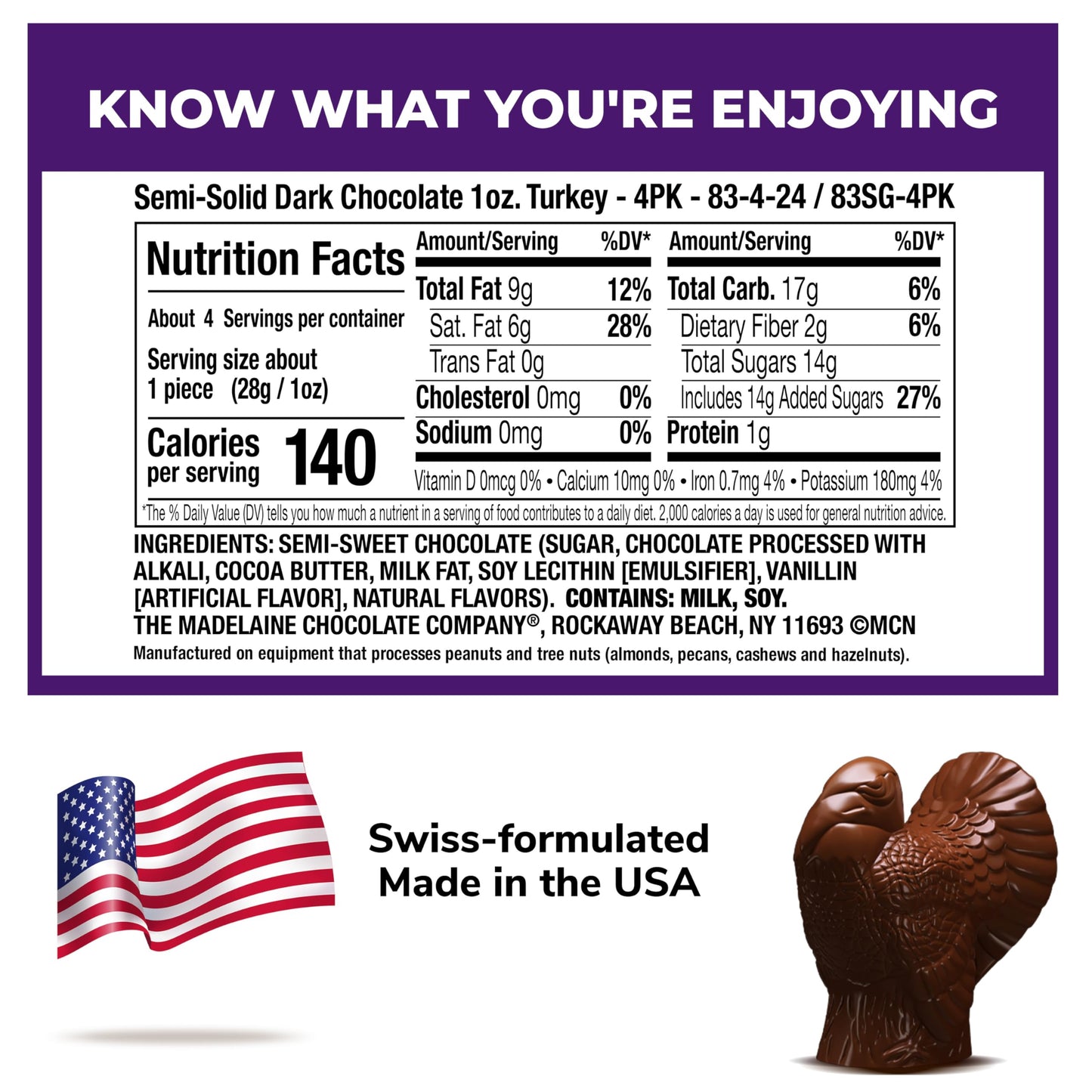 Madelaine Dark Chocolate Turkey Candy - 1 oz Foil-Wrapped Thanksgiving Chocolates - Rich Fall Holiday  & D?cor - 4 Pack Individually Wrapped Turkeys