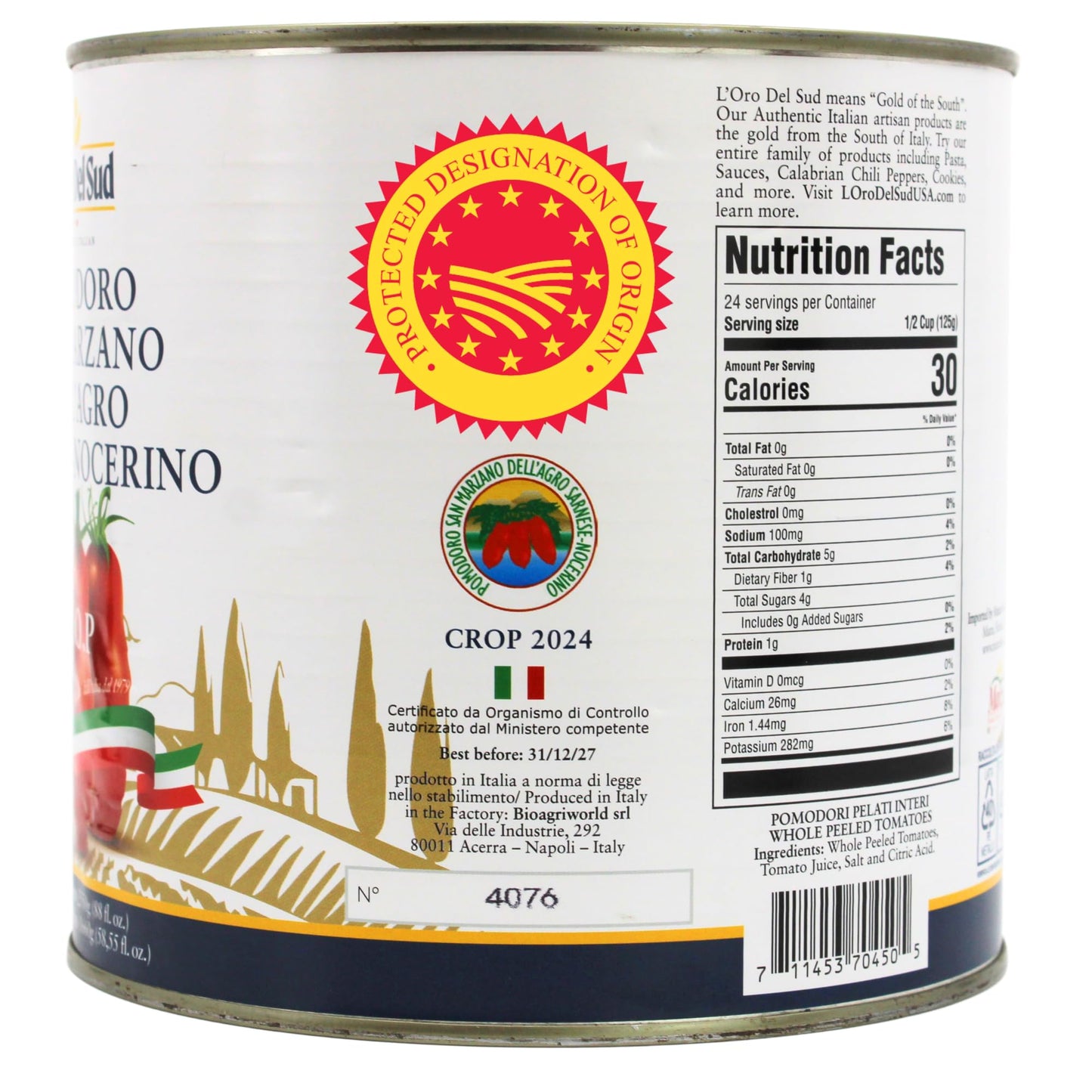 D.O.P San Marzano Tomatoes Canned Of Agro Sarnese-Nocerino Area, Net Wt. 2550G (88 Fl. Oz) L'Oro Del Sud Pomodoro San Marzano De