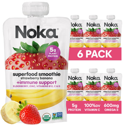 Noka Superfood Fruit Smoothie Pouches, Strawberry Banana with Immune Support, Healthy Snacks with Elderberry, Flax Seed, Plant P