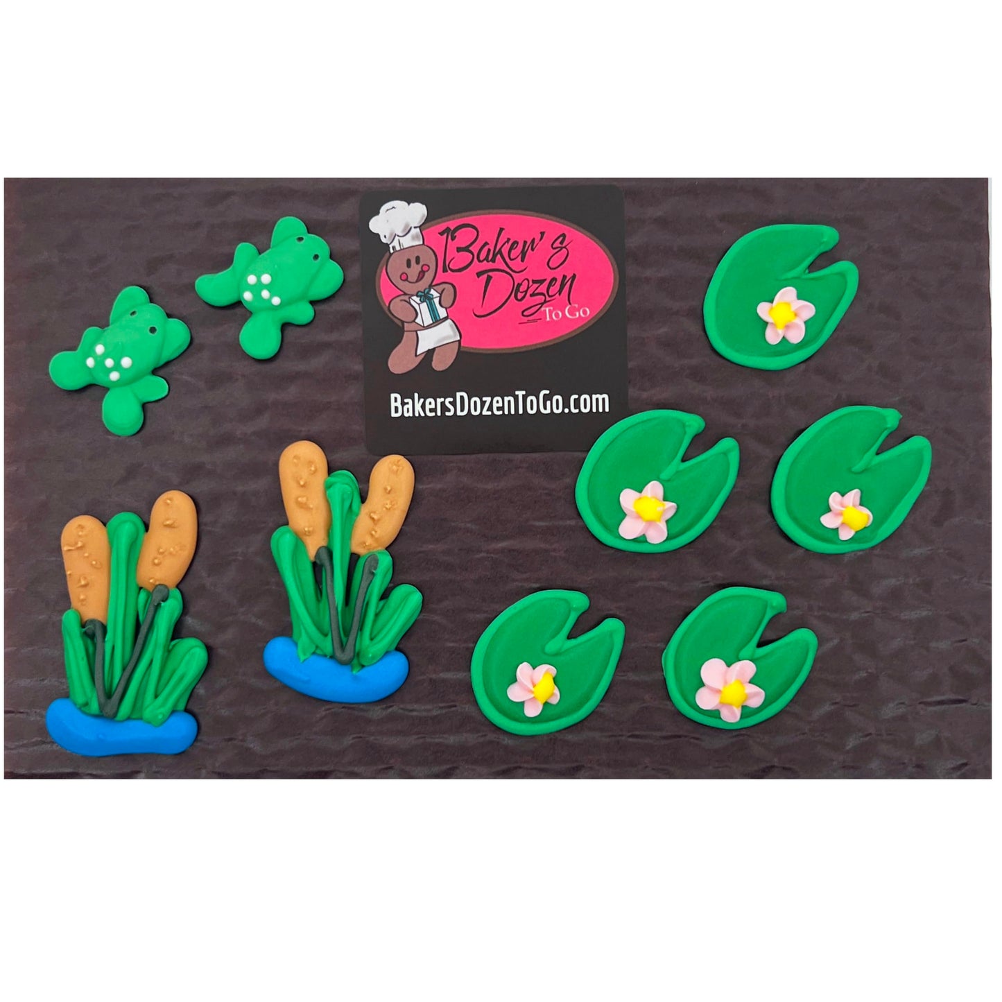 Mini Pond Assortment Fishing Topper- 9 pcs Lily Pad, Cattails, Frogs Edible Icing Cake Decoration Topper by BakersDozenToGo (Cho