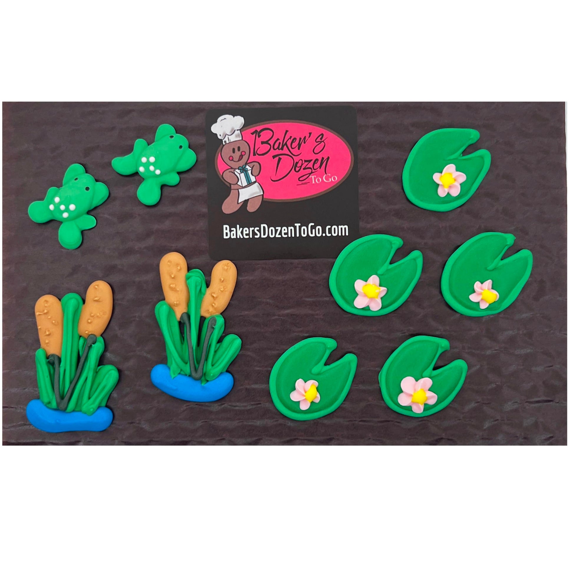 Mini Pond Assortment Fishing Topper- 9 pcs Lily Pad, Cattails, Frogs Edible Icing Cake Decoration Topper by BakersDozenToGo (Cho