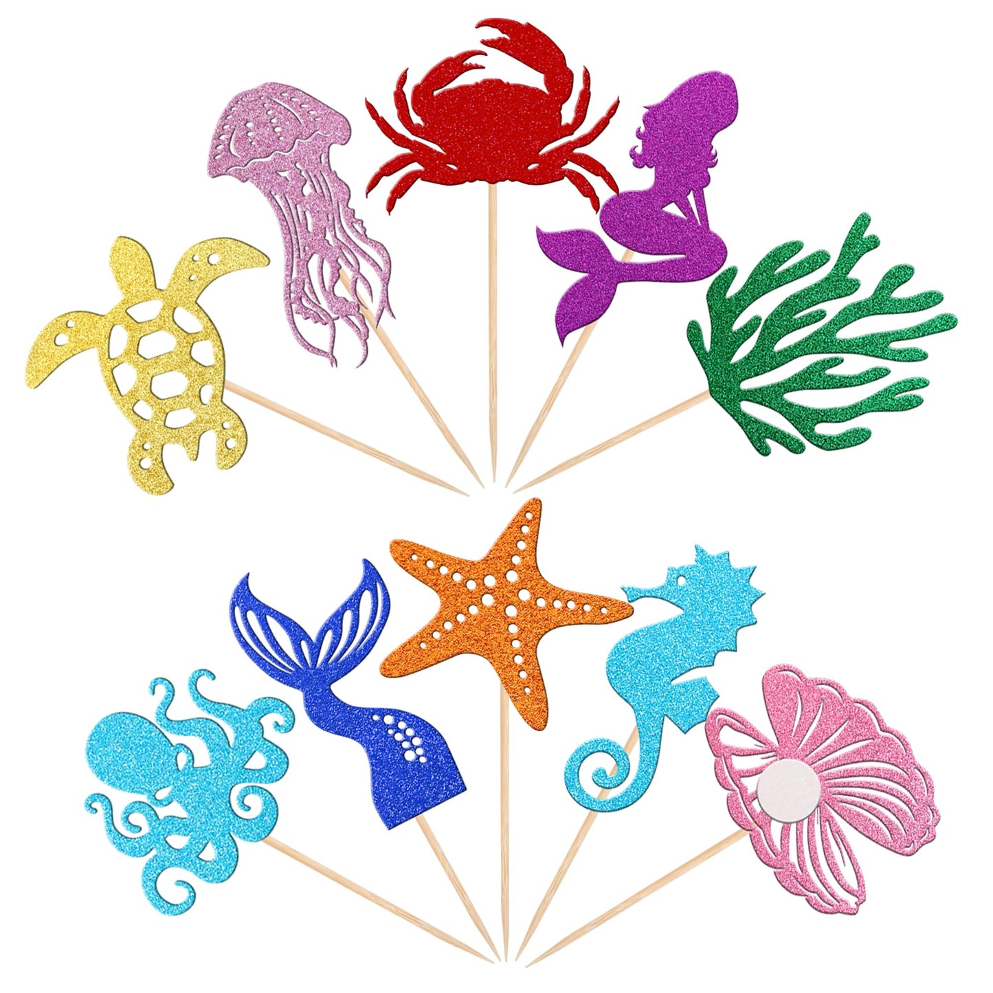 30 Pcs Mermaid Cupcake Toppers Glitter Starfish Coral Mermaid Tail Cupcake Picks Octopus Seahorse Jellyfish Cake Decorations For