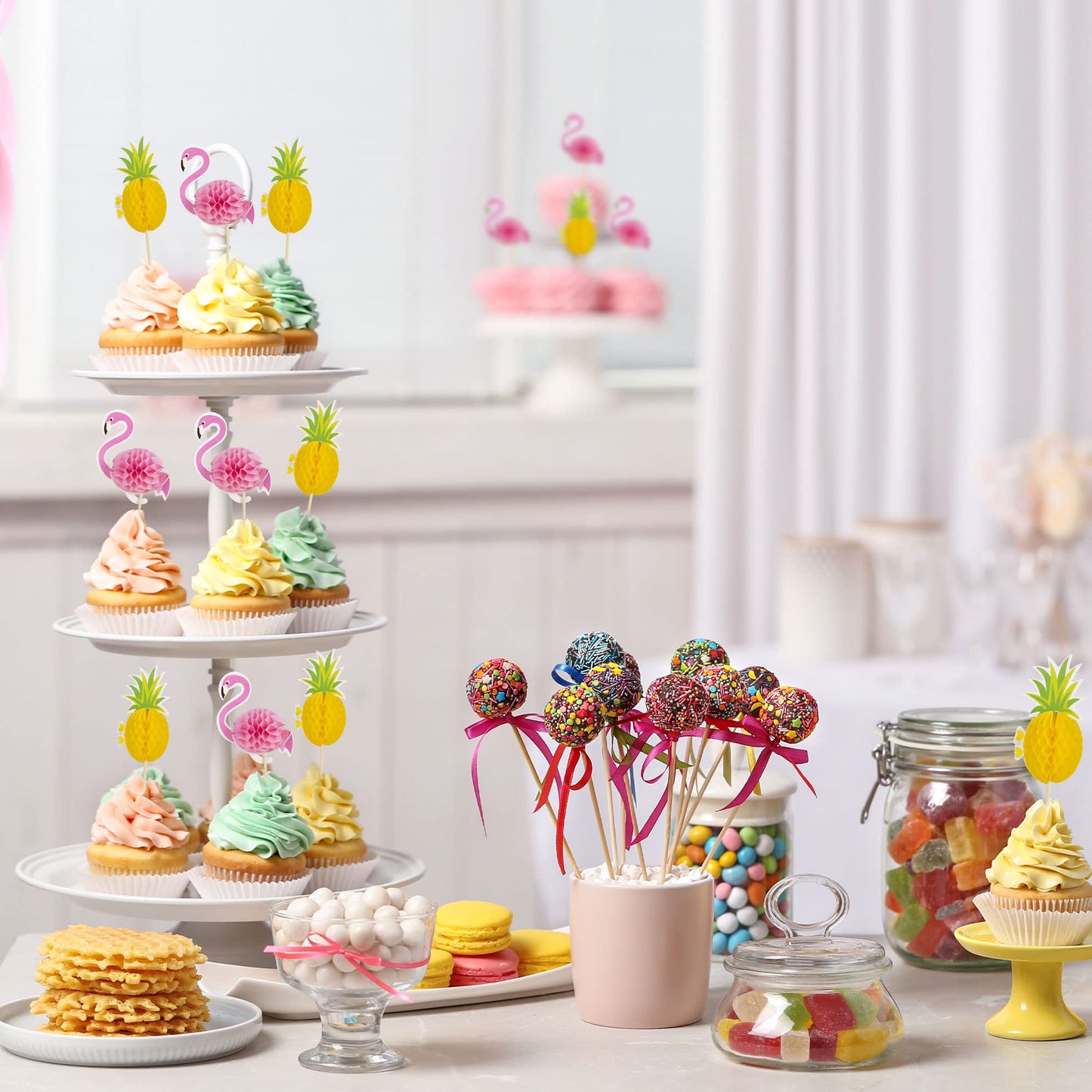 Gyufise 24Pcs Flamingo Cupcake Toppers, Pineapple Food Picks, Paper, Small, Tropical Hawaii Party Decorations