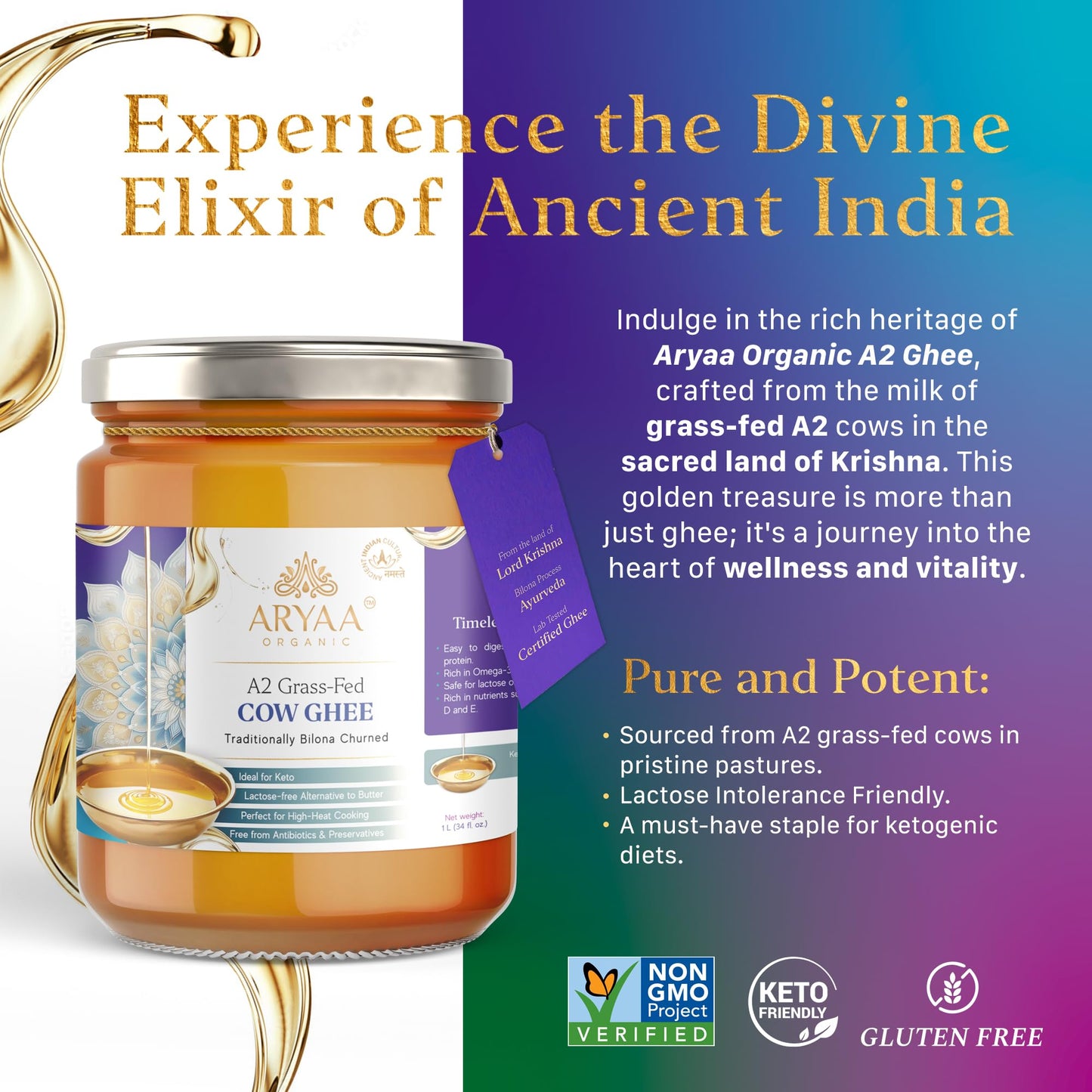 Aryaa Organic A2 Ghee | Grass-fed Cow Ghee  Bilona Method |1Liter (34 fl oz) | enhanced Ayurvedic Elixir | Lactose-free  Non-GMO  Keto-Friendly  Gluten-Free   -Free  Additive Free