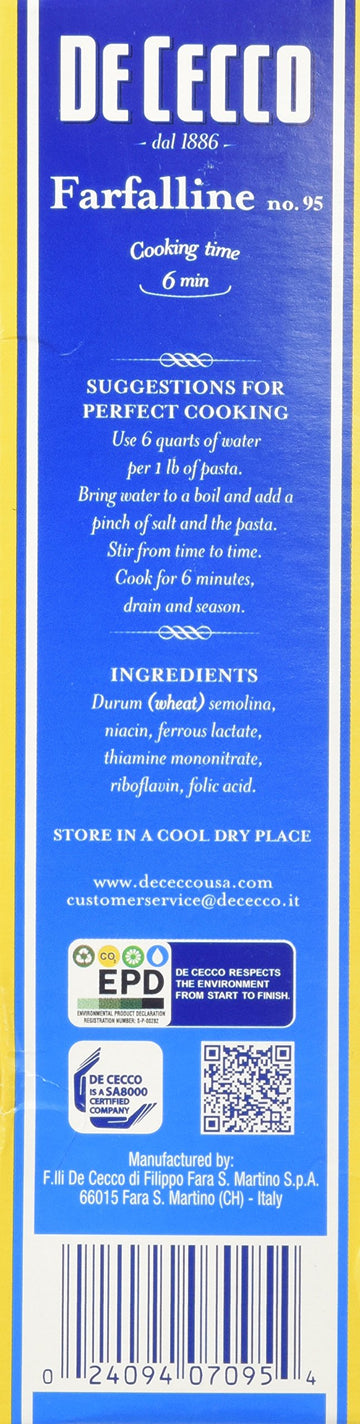 De Cecco Semolina Pasta, Farfalline No.95, 1 LB