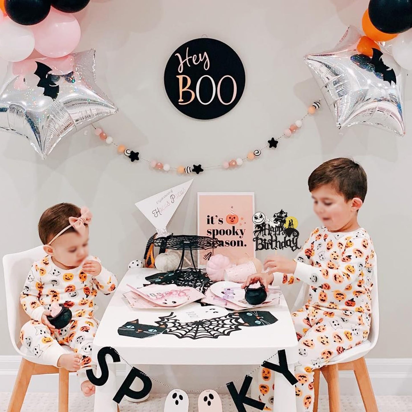 1 Pcs Halloween Happy Birthday Cake Topper Glitter Jack And Sally Castle Ghost Halloween Cake Pick For Nightmare Before Christma