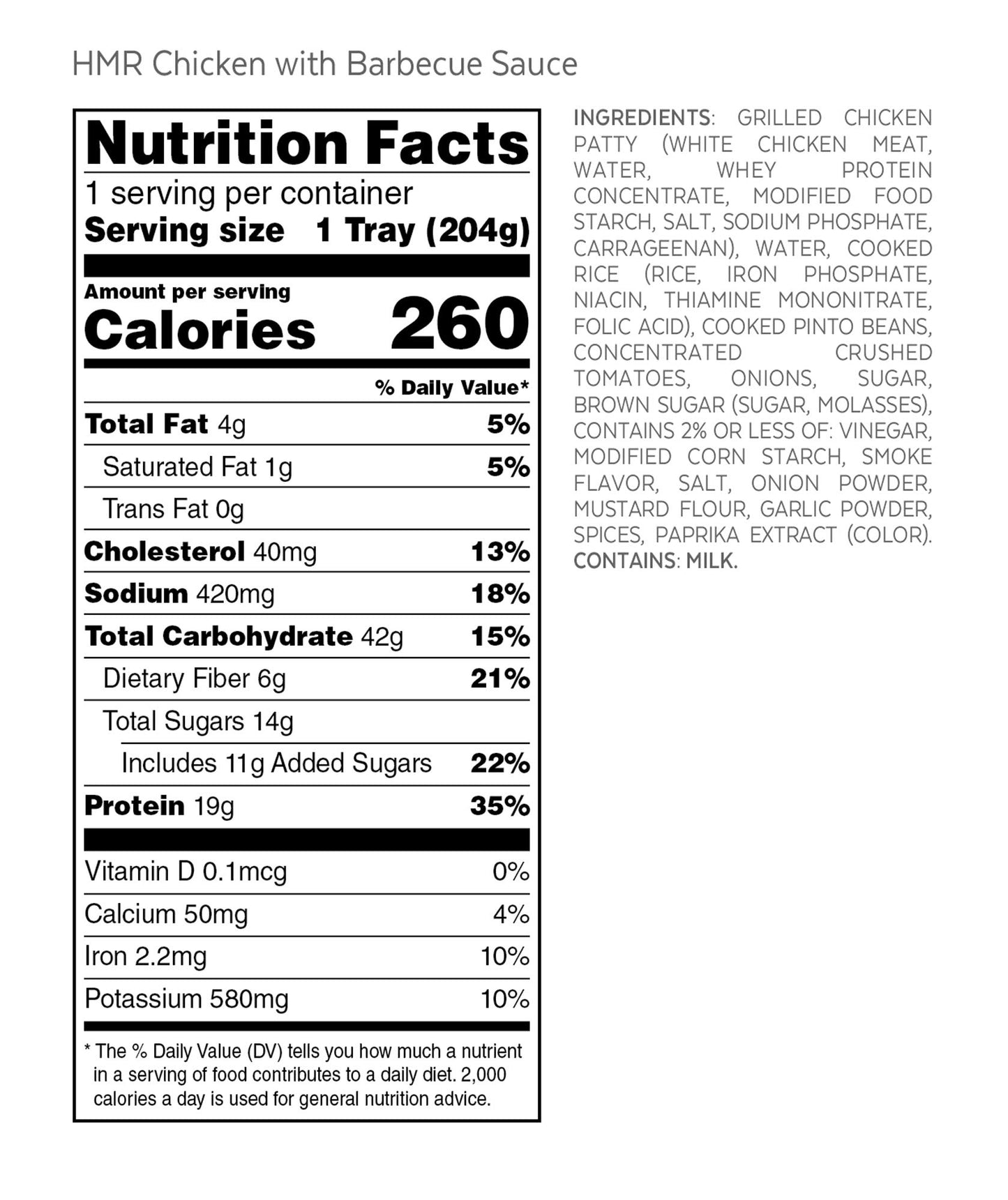 HMR Chicken with Barbecue Sauce Entr  e | Pre-packaged Lunch or Dinner | Ready to Eat | 19g of Protein | Low Calorie Food | 7.2o