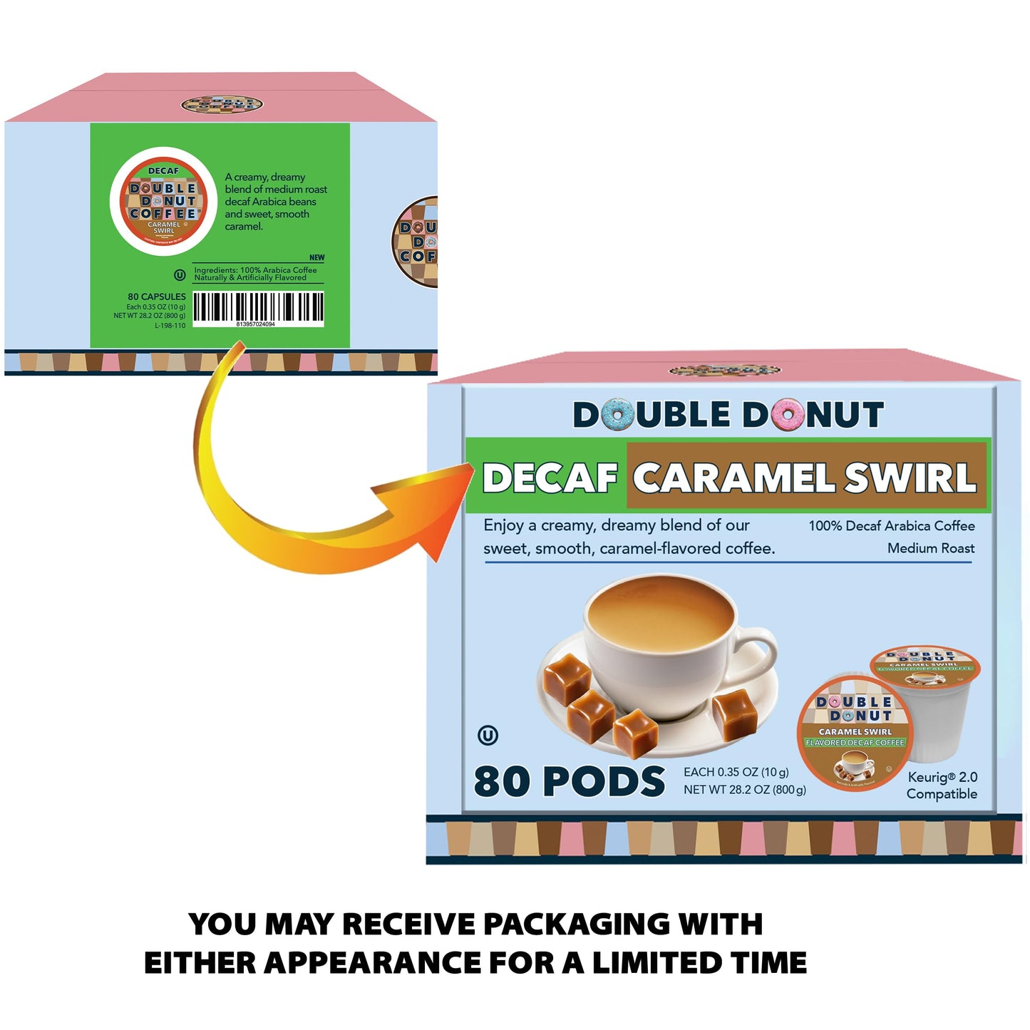 Caramel Swirl Medium Roast Flavored Decaf Coffee Pods For Keurig K Cups Makers From Double Donut, 80 Capsules