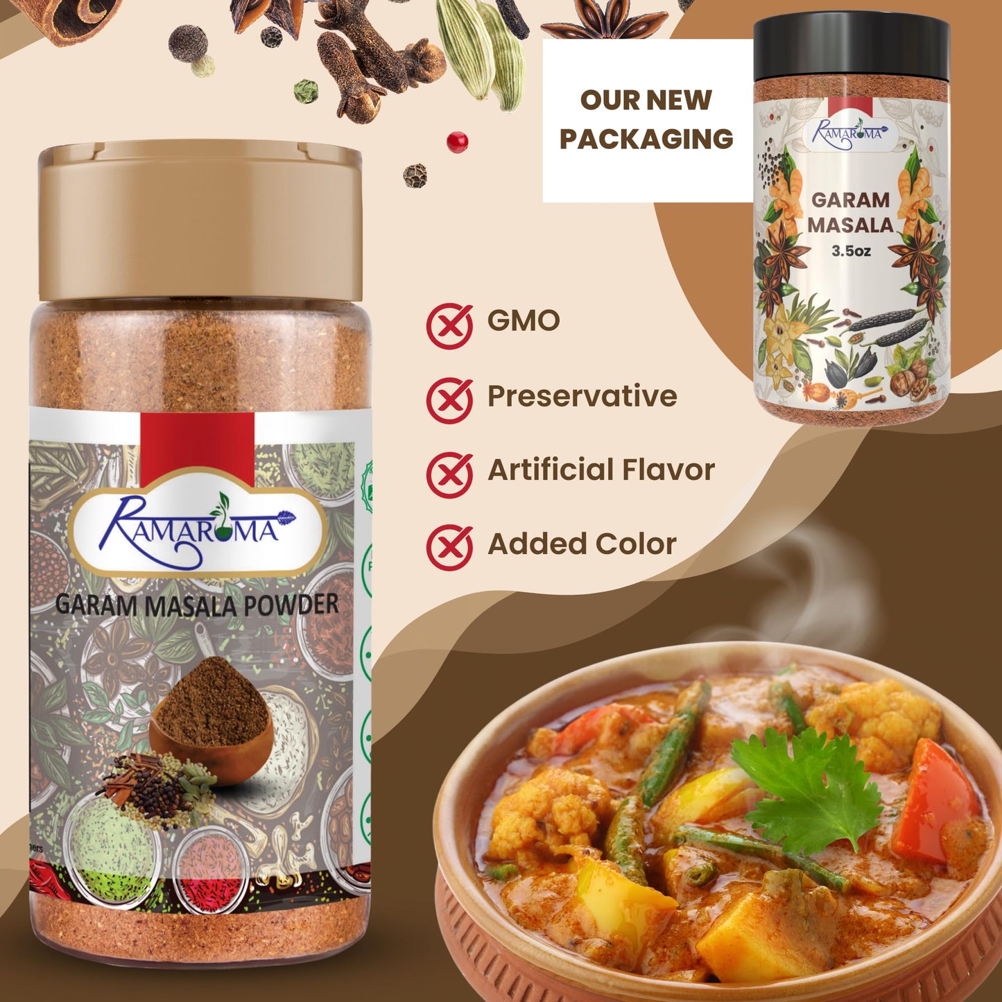 Ramaroma Natural Garam Masala Indian 15-Spice Blend Powder, 3.5Oz (100G) All Natural, Salt-Free | Vegan | No Colors | Gluten Fri