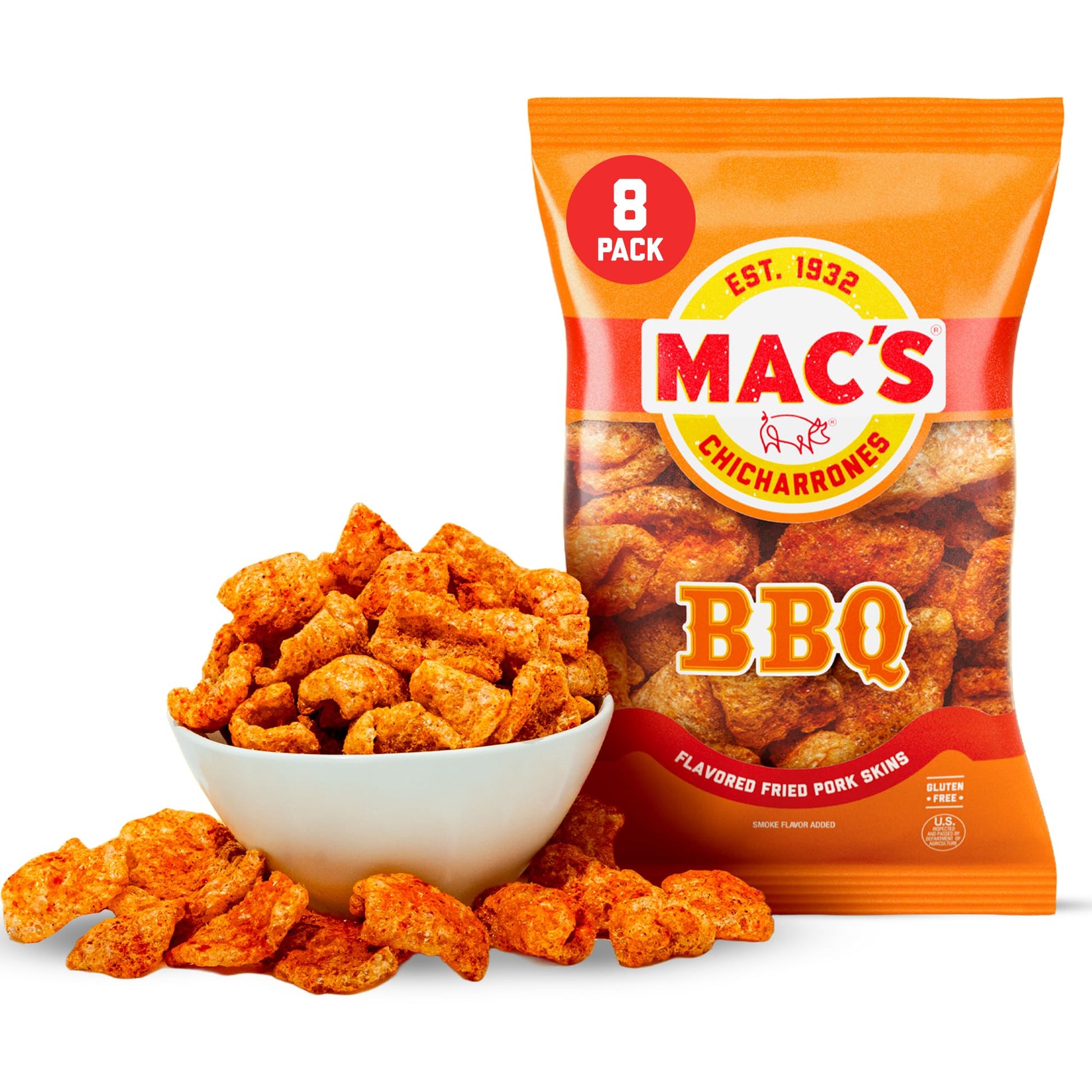 Macs BBQ Fried Pork Skins - Barbeque Flavored Chicharrones Pork Rinds - Low Carb, Gluten-Free, Keto-Friendly Snack- 3oz (8-Pack
