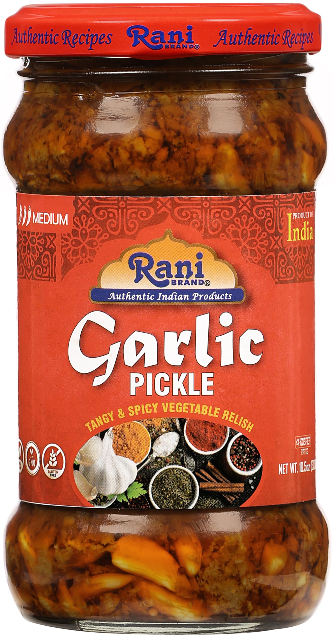 Rani Garlic Pickle, Spicy Indian Relish, Vegan, Gluten Free, 10.5oz (300g) Glass Jar