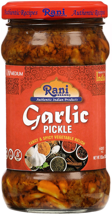 Rani Garlic Pickle, Spicy Indian Relish, Vegan, Gluten Free, 10.5oz (300g) Glass Jar