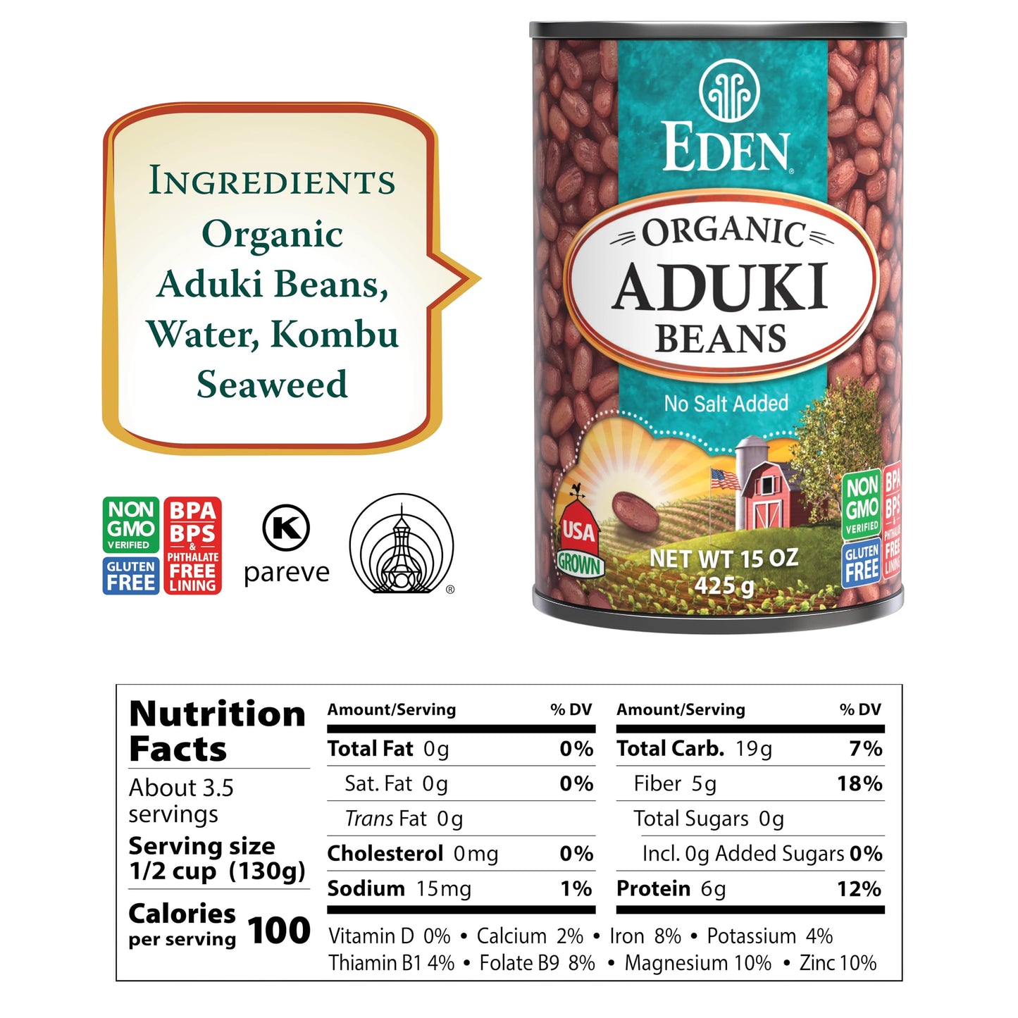 Eden Organic Aduki Beans, (Azuki, Adzuki), Non-GMO, No Salt Added, Red Beans, Macrobiotic, 15 oz. Can (12-Pack Case)