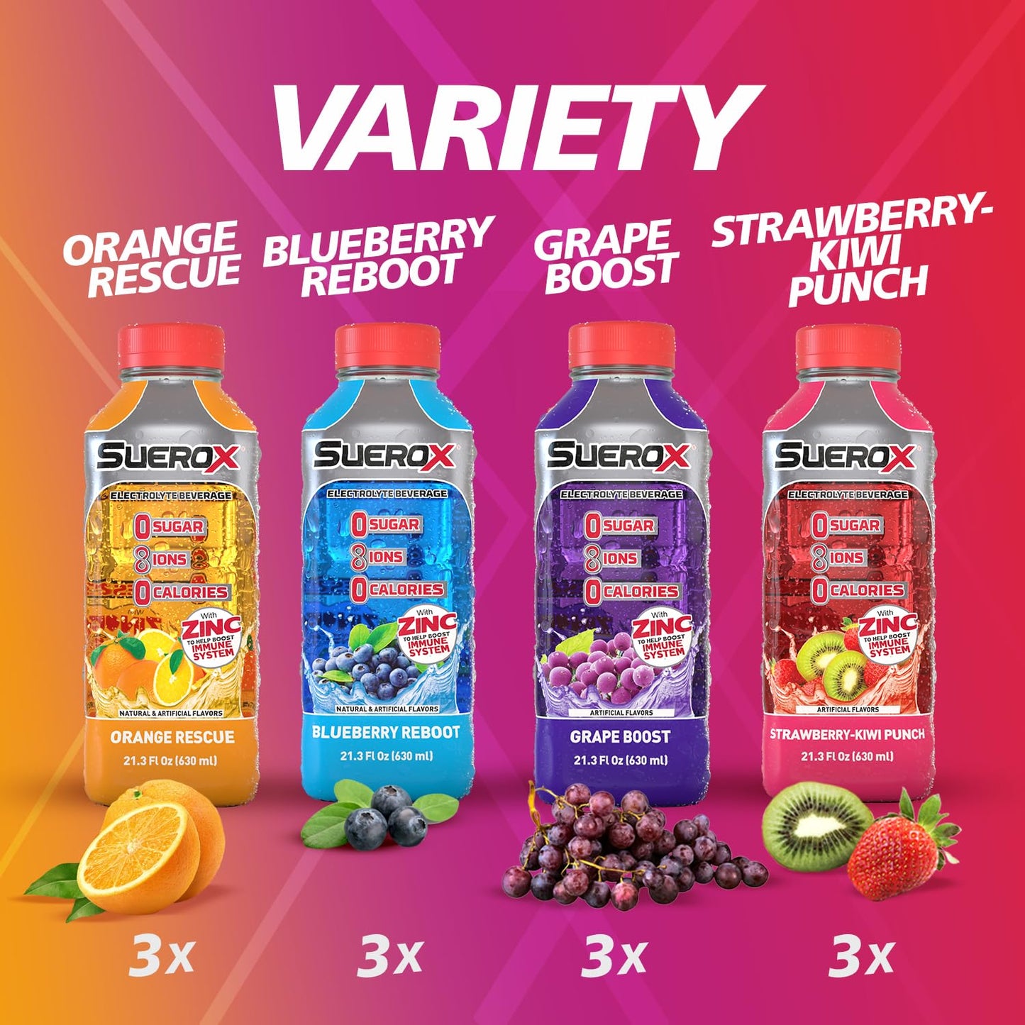 SueroX Electrolyte Drink, Zero Sugar, 12 Piece Set, Hydration & Recovery, Variety Pack, 21.3 Fl Oz