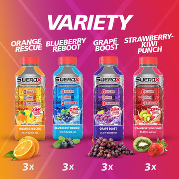 SueroX Electrolyte Drink, Zero Sugar, 12 Piece Set, Hydration & Recovery, Variety Pack, 21.3 Fl Oz