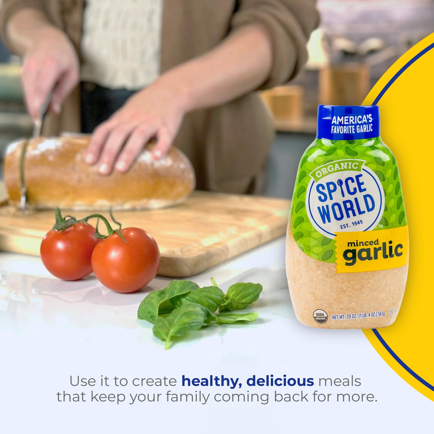 Spice World Squeezable Organic Minced Garlic - Value 20oz Container, USDA Certified Organic Garlic with Non-GMO Ingredients - Re