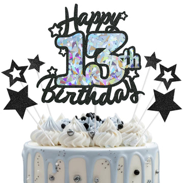 Happy 13th Birthday Cake Topper, Black Glitter and Gem Patterns Card Stock Cake Toppers, 13 Year Birthday Party Cake Decoration