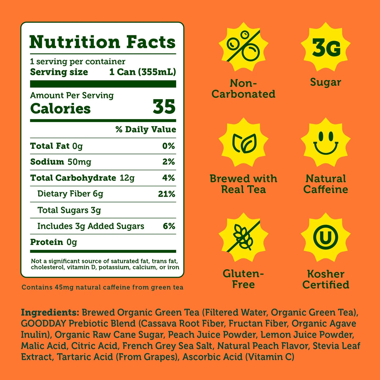 Halfday, Prebiotic Peach Iced Tea, 12 Fl Oz Can