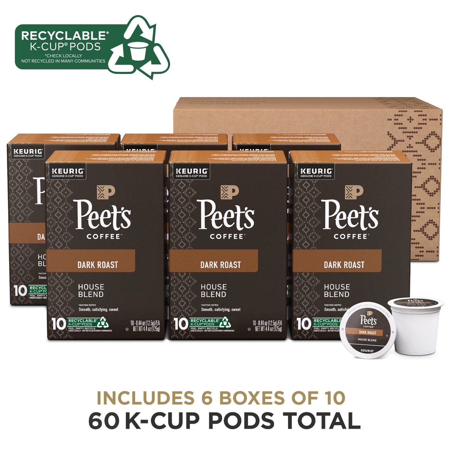 Peets Coffee Dark Roast K-Cup Pods - House Blend 60 Count - 6 Boxes of 10 Pods