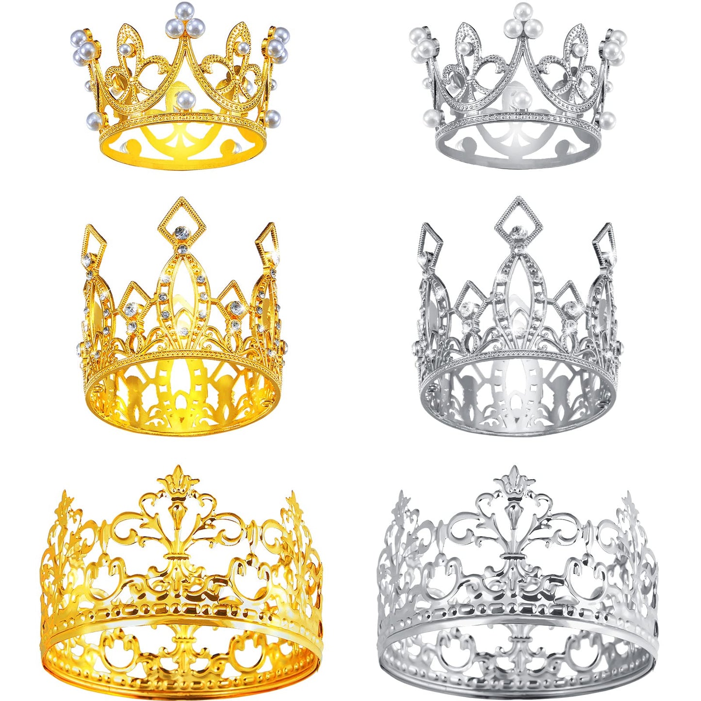 Moxweyeni 6 Pieces Silver Gold Rose Crown Cake Topper Mini Crown Cake Topper For Flower Bouquet Rhinestone Tiara Crown Cake Topp