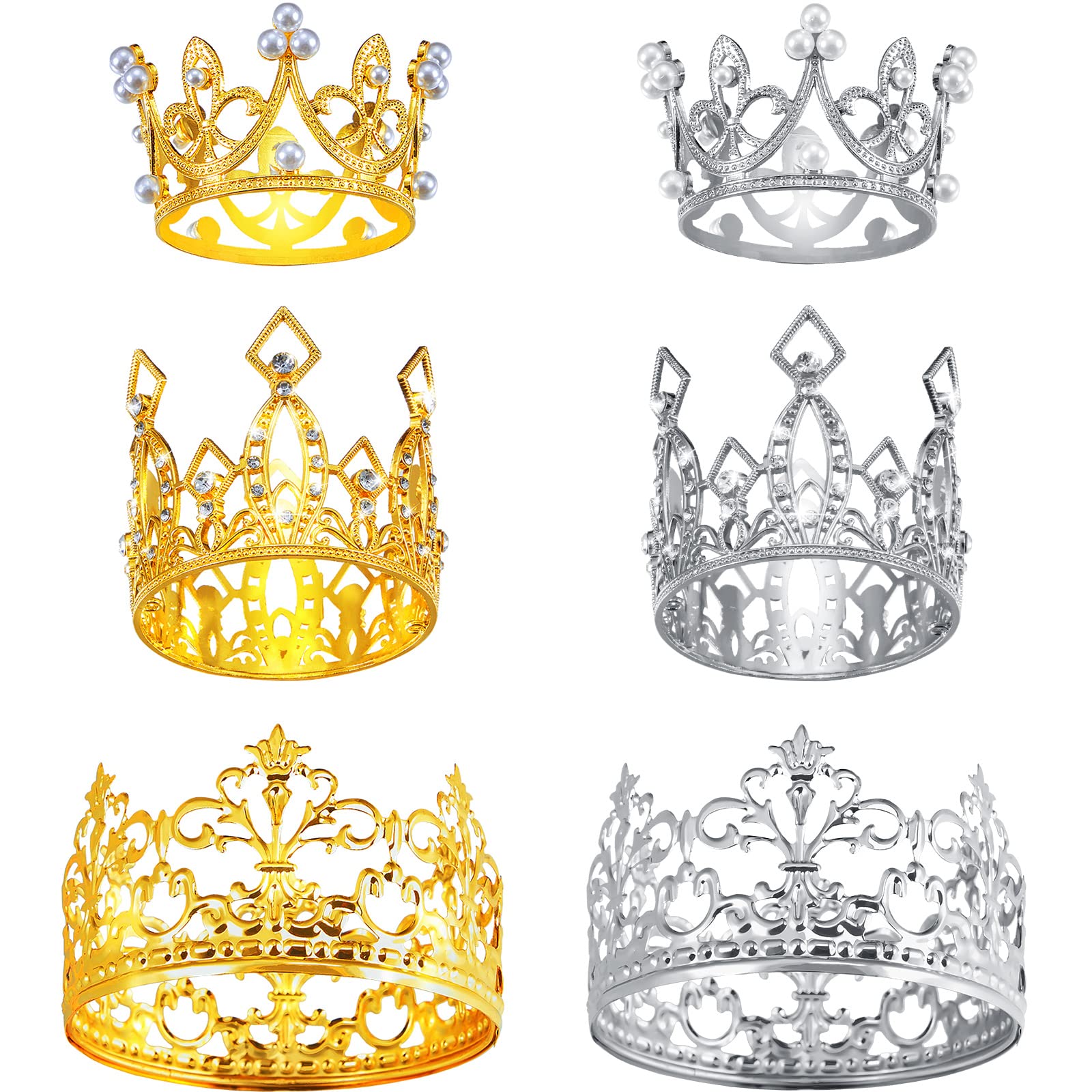 Moxweyeni 6 Pieces Silver Gold Rose Crown Cake Topper Mini Crown Cake Topper For Flower Bouquet Rhinestone Tiara Crown Cake Topp