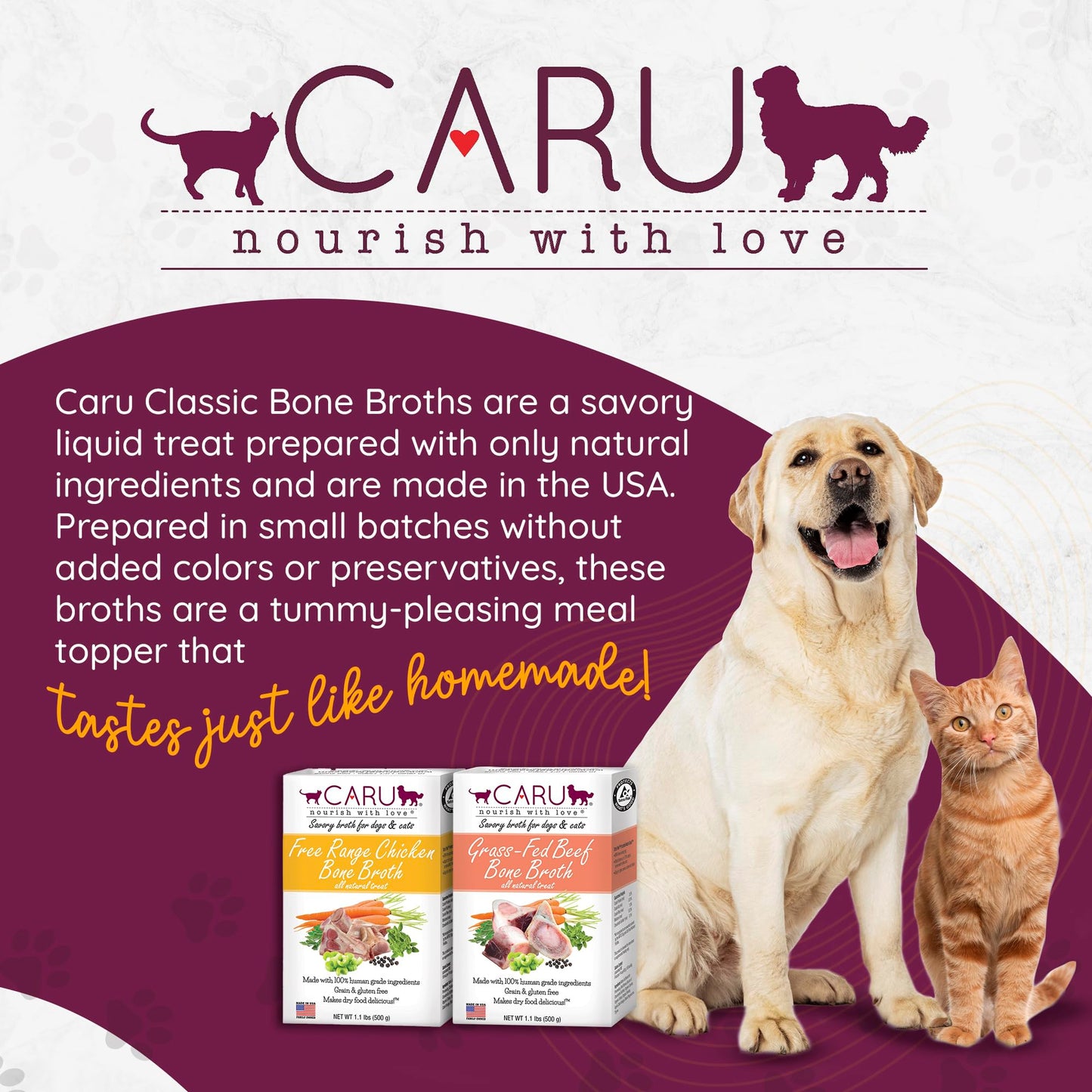 Caru Free Range Chicken Bone Broth For Dogs And Cats  Moistens Dry Food Or Pour Over Freeze Dried Raw Food  Grain And Gluten Free  Non-Gmo Ingredients (1.1 Lbs)