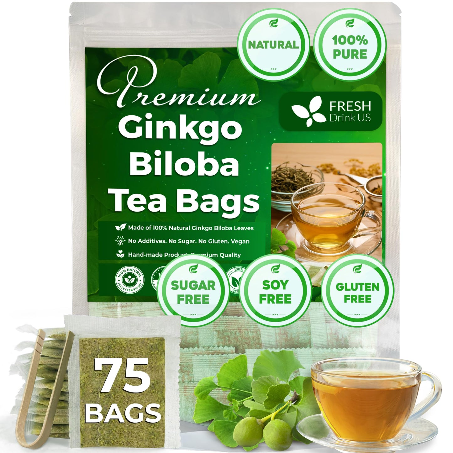 FRESHDRINKUS Ginkgo Biloba Leaf Tea Bags, 100% Natural, Vegan, 75 Tea Bags