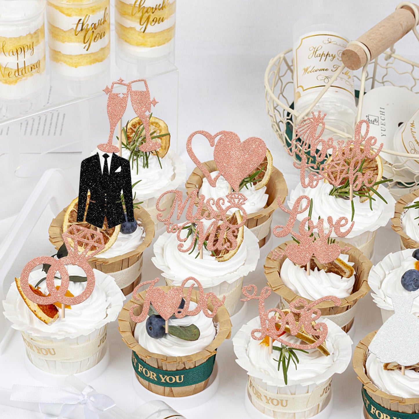 YCTHUNFISH Bride to Be Cupcake Toppers, 30 Pack, Glitter Diamond Ring Design, Rose Gold