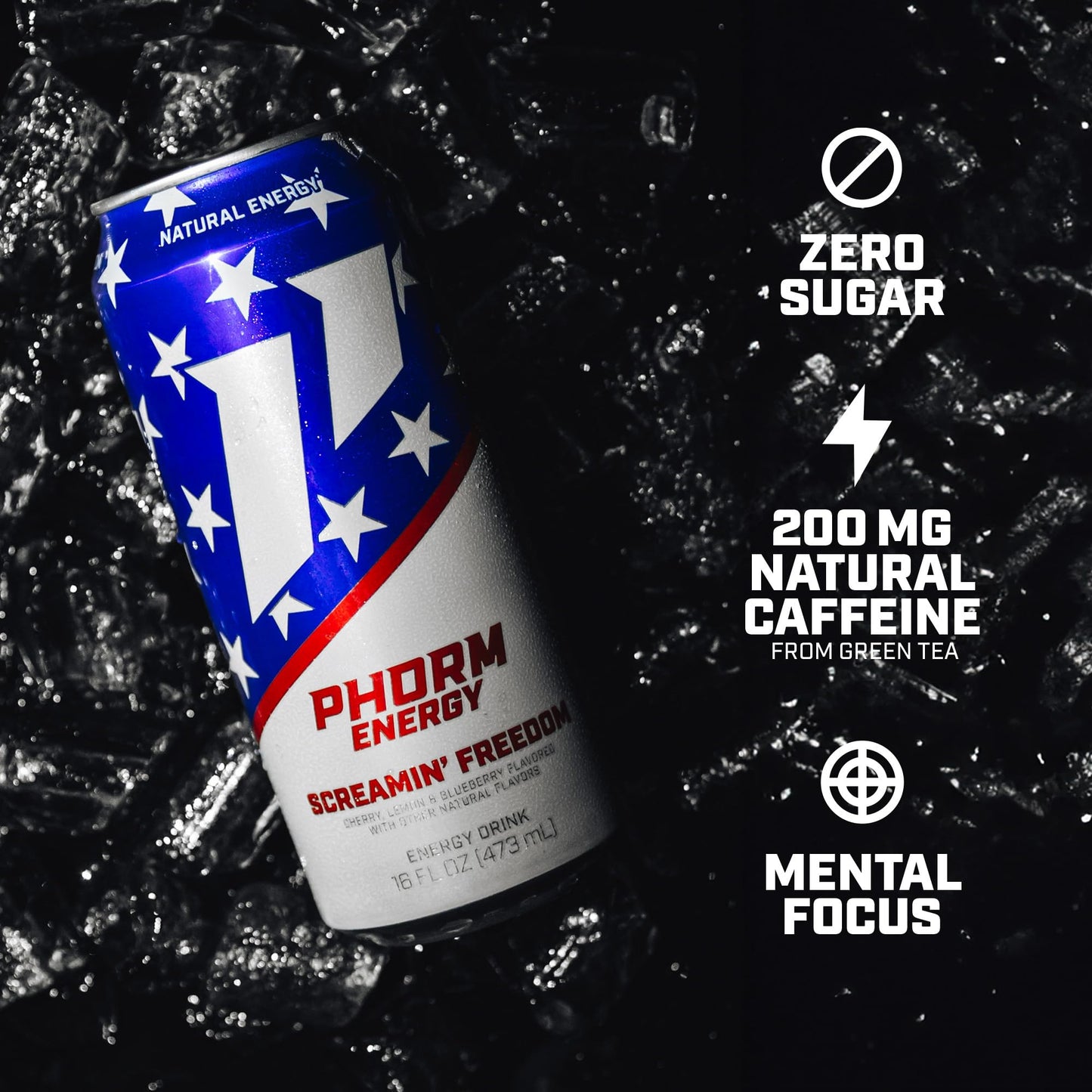Phorm Energy Drink  Screamin Freedom Flavor  200 MG Natural Caffeine From Green Tea  Sugar Free Carbonated Drink With Electrolytes & Vitamin B12  Dairy & Gluten Free  Vegan  16 FL Oz Cans  12 Pk