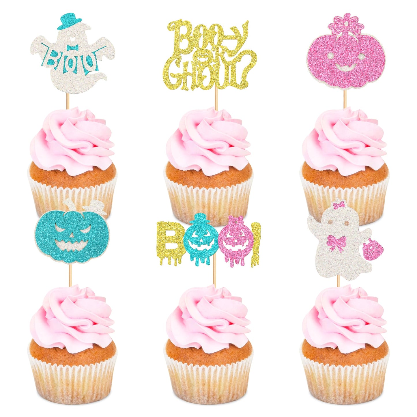 Ercadio 24 Pack Halloween Boo-Y Or Ghoul Cupcake Toppers Glitter Halloween Ghost Gender Reveal Cupcake Picks Pumpkin Boo Cake Pi