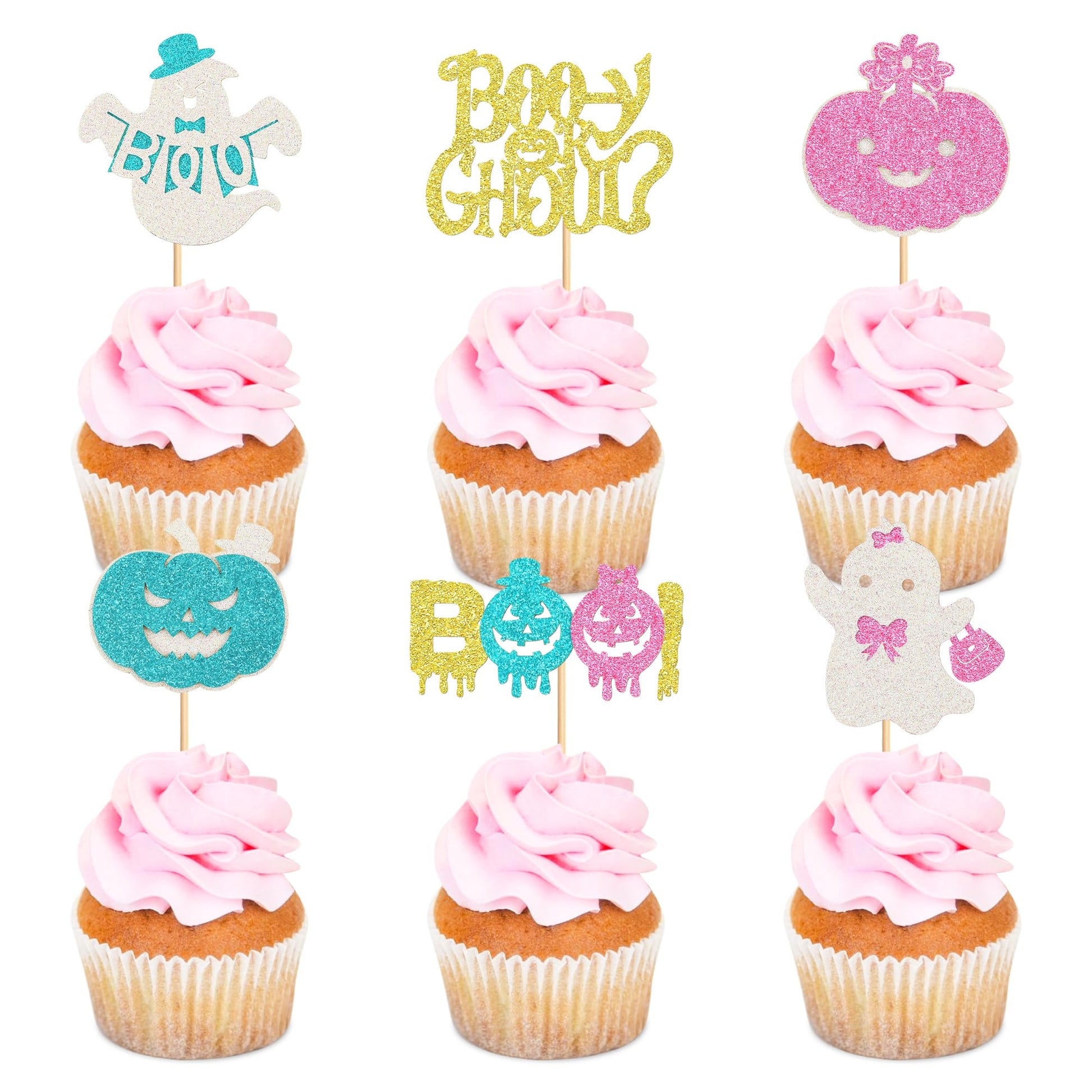 Ercadio 24 Pack Halloween Boo-Y Or Ghoul Cupcake Toppers Glitter Halloween Ghost Gender Reveal Cupcake Picks Pumpkin Boo Cake Pi