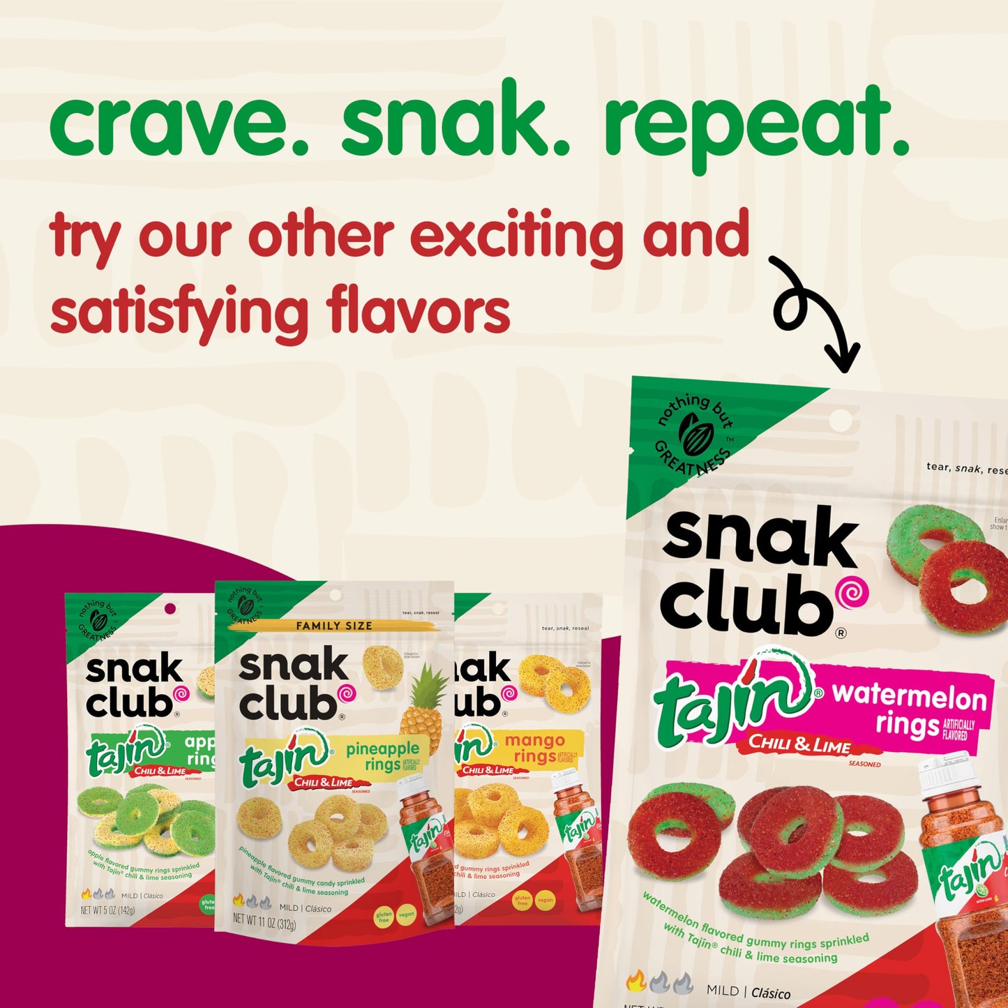 Snak Club Tajin Peach Rings, Sweet and Spicy Gummy Snacks, 5oz Resealable Bag, 6 Count