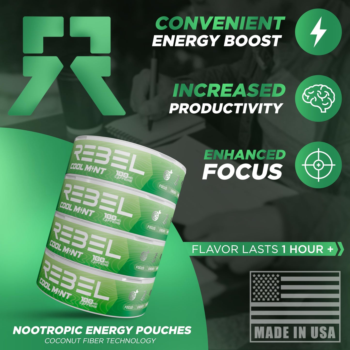 Rebel dietary products Nootropic Energy Caffeine Pouches, 100mg Caffeine, Sugar-Free, Pack of 4, Cool Mint Flavor