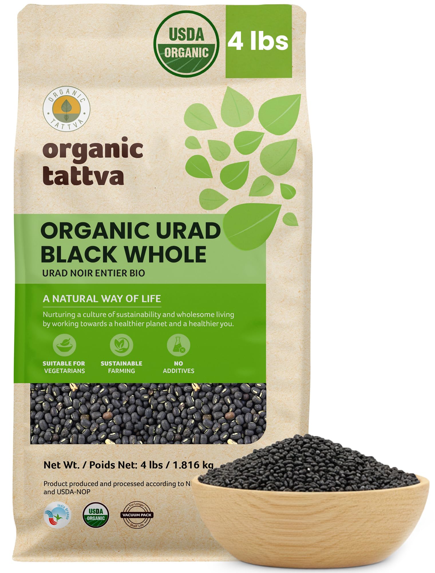 Organic Tattva Black Urad Dal Whole (4 lbs) - Black Lentils Organic, Gluten Free, Vegan & Kosher - Unpolished Gram Beans Lentils