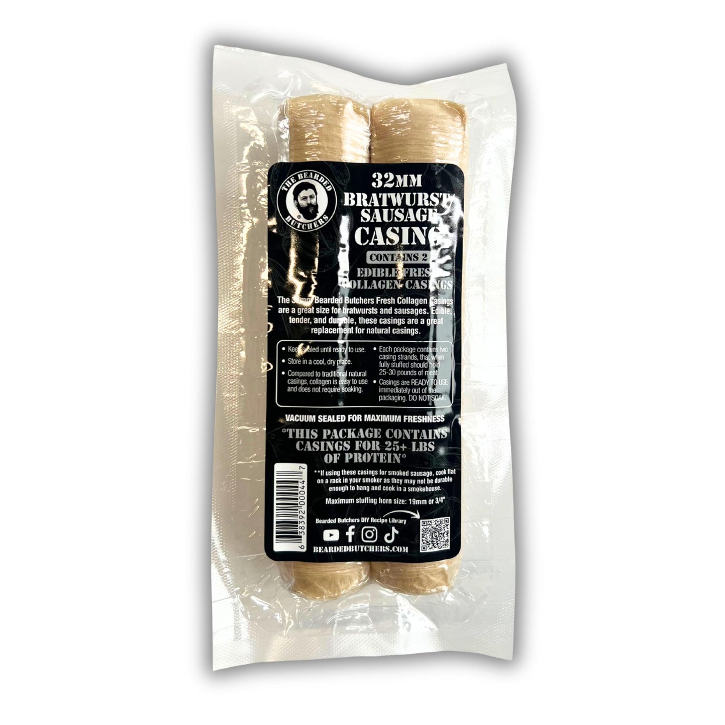 Bearded Butchers Edible 32mm DIY Collagen Sausage Casings  2-Pack - Make Your Own Italian Sausage  Bratwurst  Chorizo & More at Home  Vacuum Sealed  Holds Up to 25 lbs of Meat