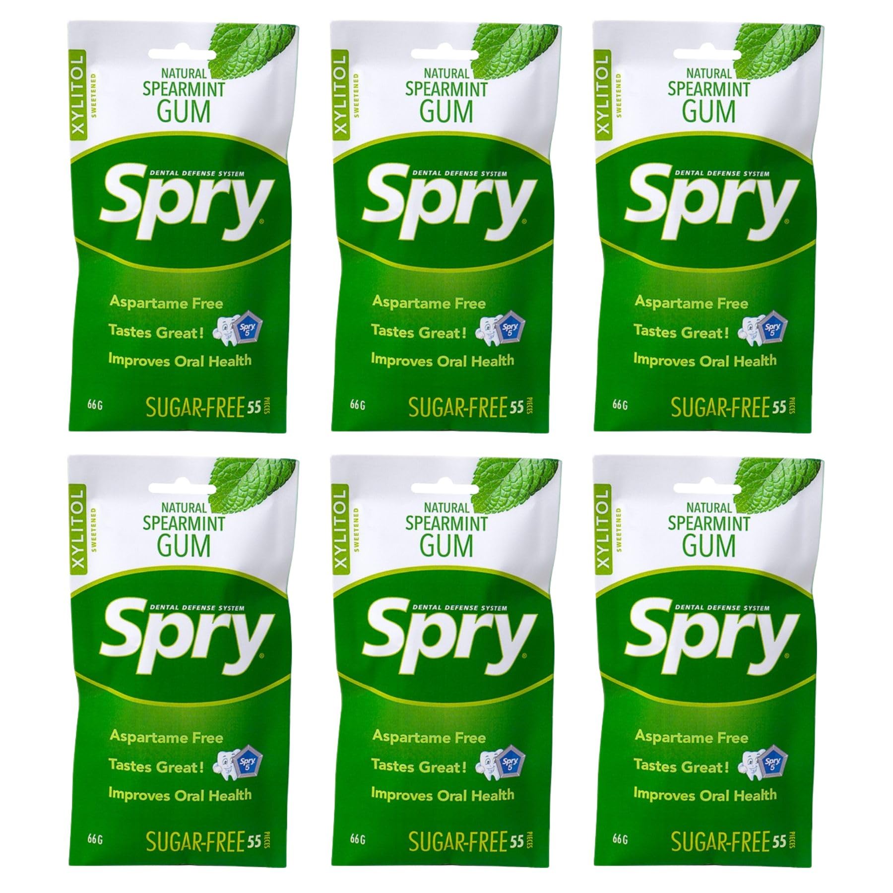 Spry Xylitol Chewing Gum - Aspartame-Free, Sugar-Free, Non-GMO, Spearmint, 55 Count (Pack of 6)