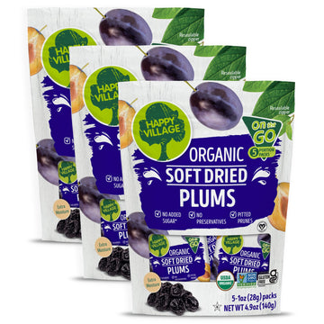 Happy Village Organic Soft Dried Prunes (Plums) On the Go - 3 Bags (15 Individual Portion Packs) | ORGANIC, NON-GMO, GLUTEN-FREE