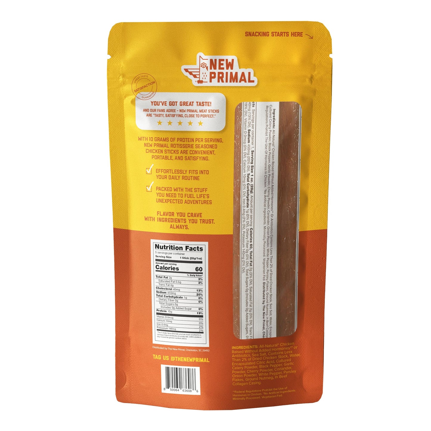 New Primal Rotisserie Chicken Sticks  Zero Sugar High Protein Snack  Gluten Free Whole30 Healthy Snacks  Keto and Paleo Friendly  Jerky Meat Stick  10g Protein  5 Count