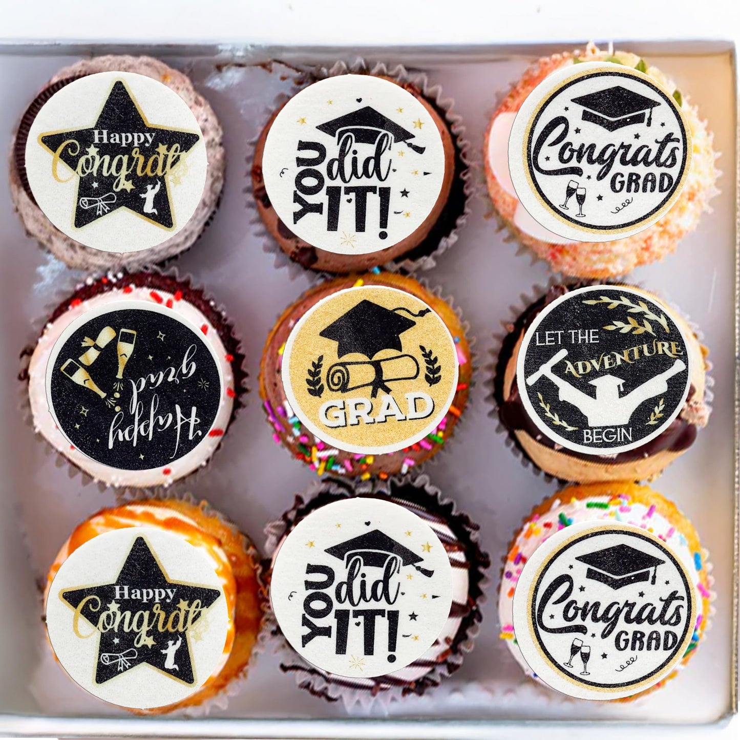 Ephlyn Graduation Cupcake Toppers, 54 Pcs, Wafer Paper, Black, 1.8cm & 4.6cm, Grad Cap & Diploma Decorations for Class of 