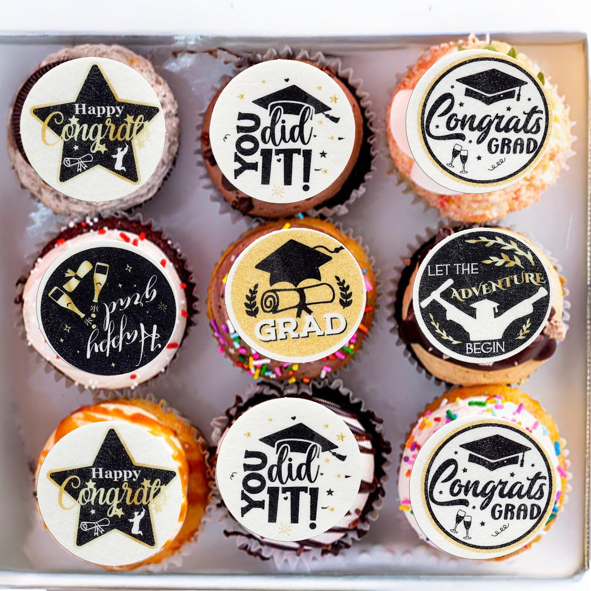 Ephlyn Graduation Cupcake Toppers, 54 Pcs, Wafer Paper, Black, 1.8cm & 4.6cm, Grad Cap & Diploma Decorations for Class of 
