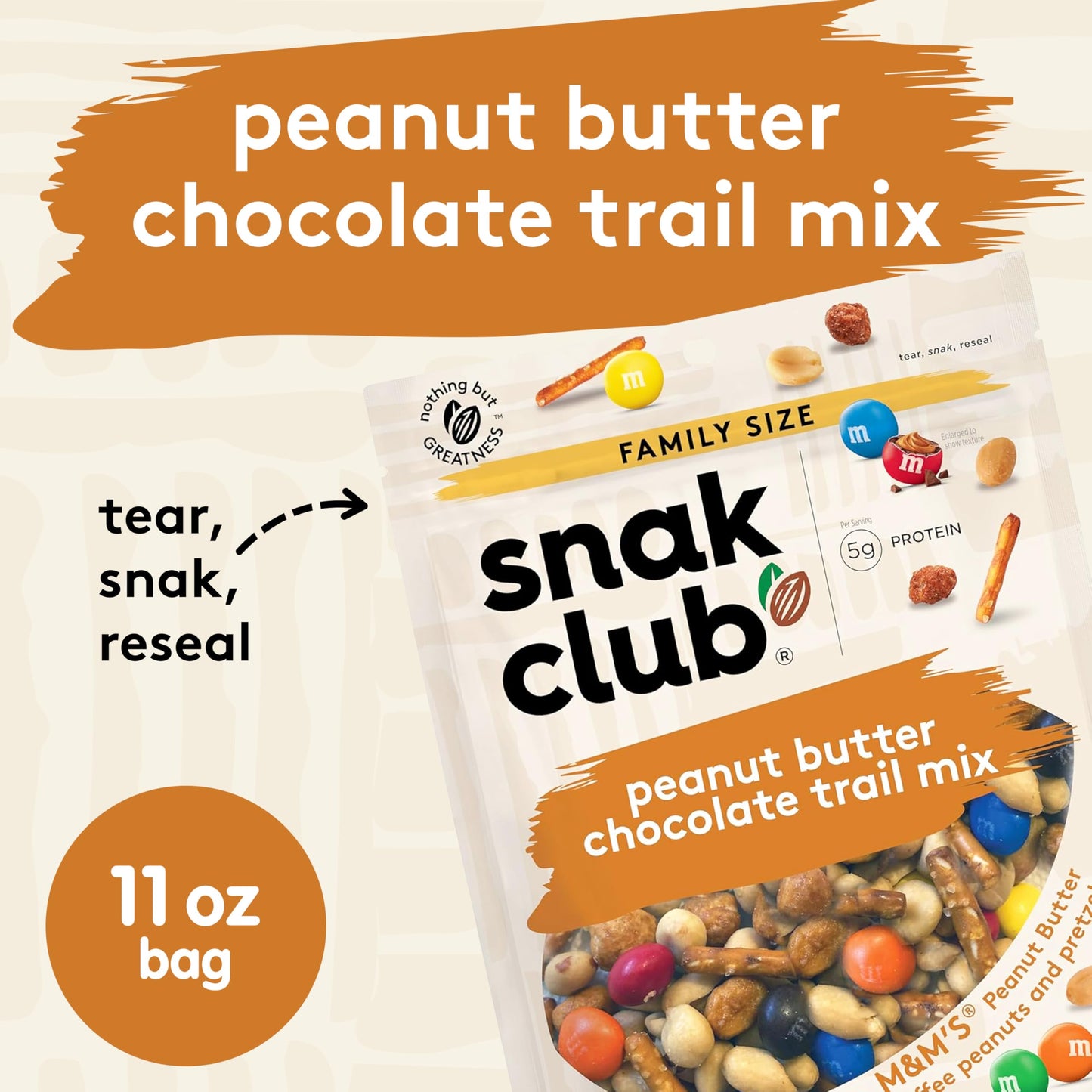 Snak Club Peanut Butter Chocolate Trail Mix, 11 oz Resealable Bag, Peanuts, M&M’S, Toffee Peanuts, Pretzels