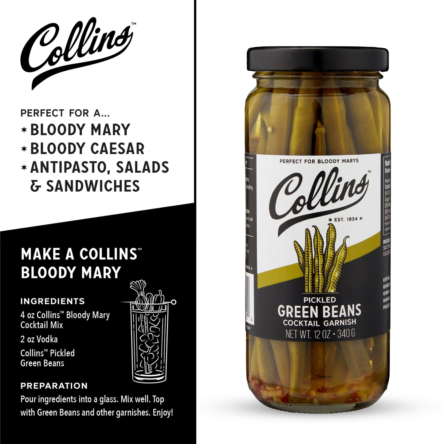 Collins Gourmet Pickled Green Beans For Cocktails - Spicy Crunchy Green Beans - Enhanced Condiment Garnish For Cocktails, Bloody Mary, Antipasto, Condiments, Or Salads - 12Oz