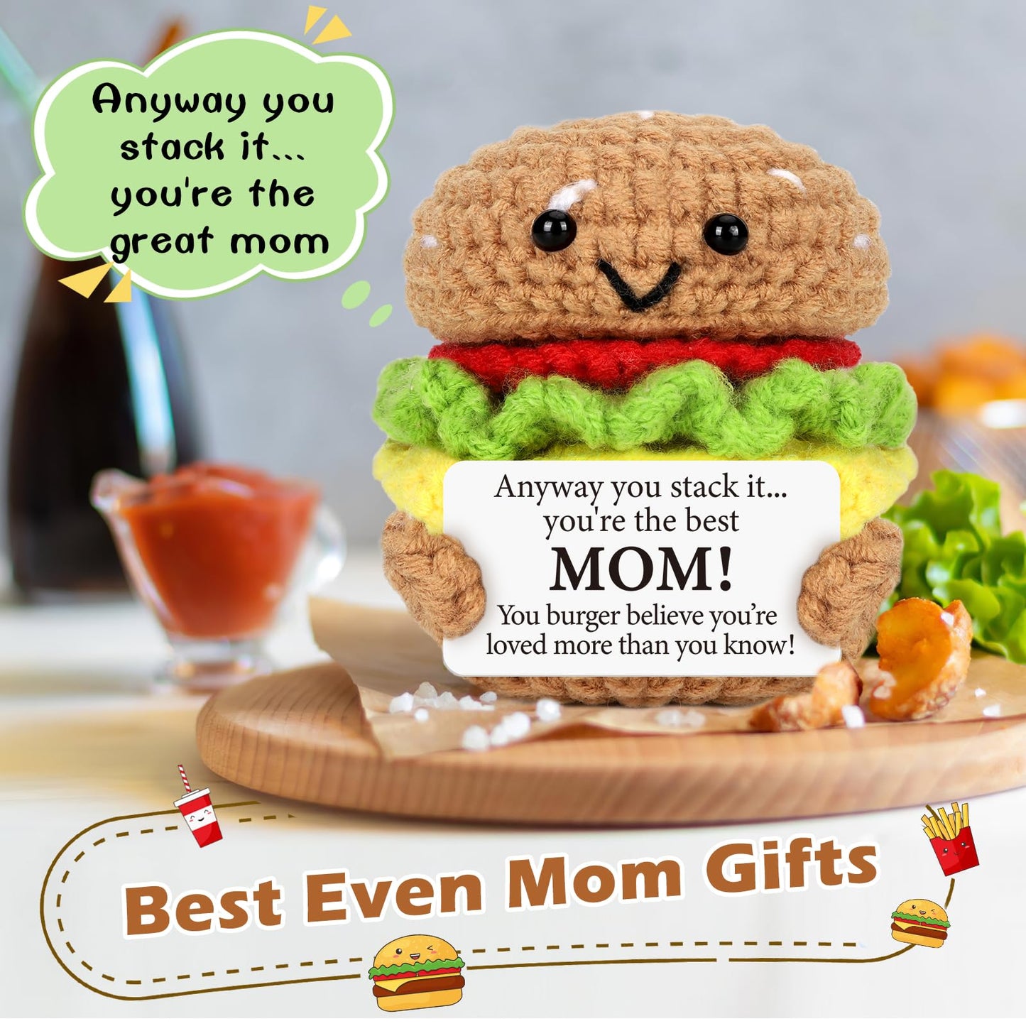 AVBODA Handmade Crochet Burger Toy for Mom - Birthday/Thanksgiving Gift - Colorful Mini Burgers - Model B-016