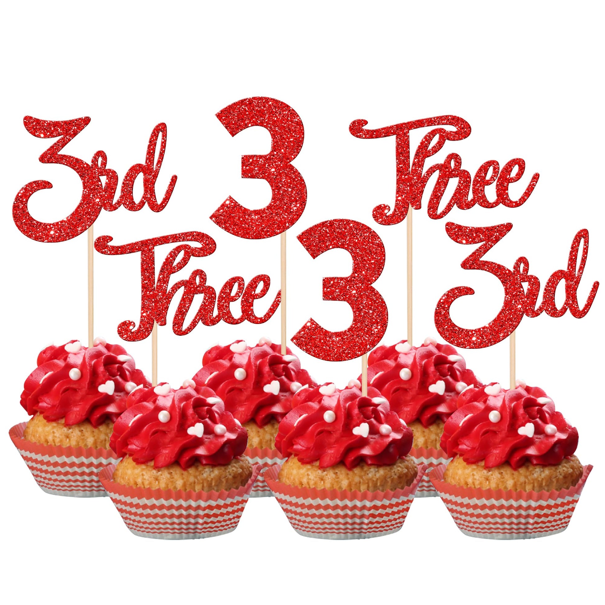 24 PCS Three Cupcake Toppers Glitter 3rd Birthday Cupcake Picks Number 3 Third Birthday Three Cake Decorations for Baby Shower K