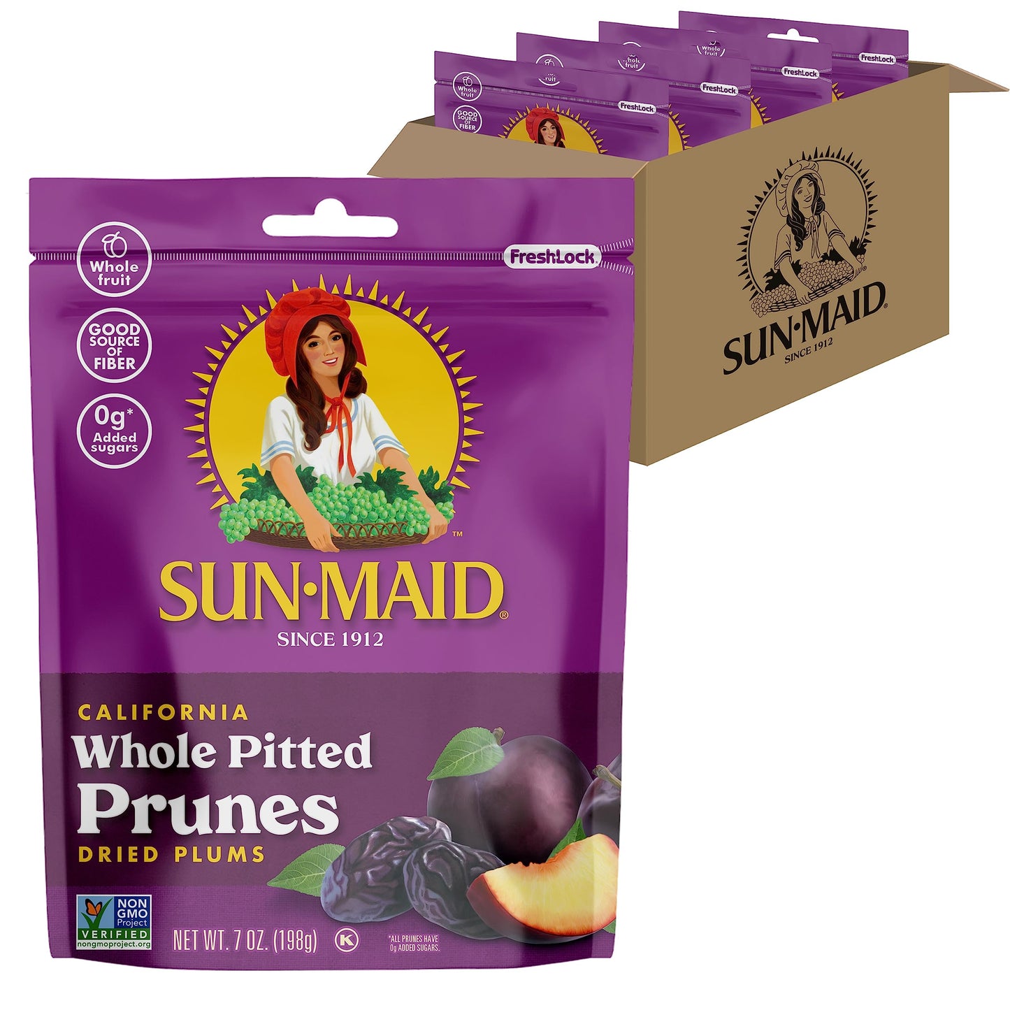 Sun-Maid California Sun-Dried Whole Pitted Prunes - (4 Pack) 7 oz Resealable Bag - Dried Plums - Dried Fruit Snack for Lunches, 
