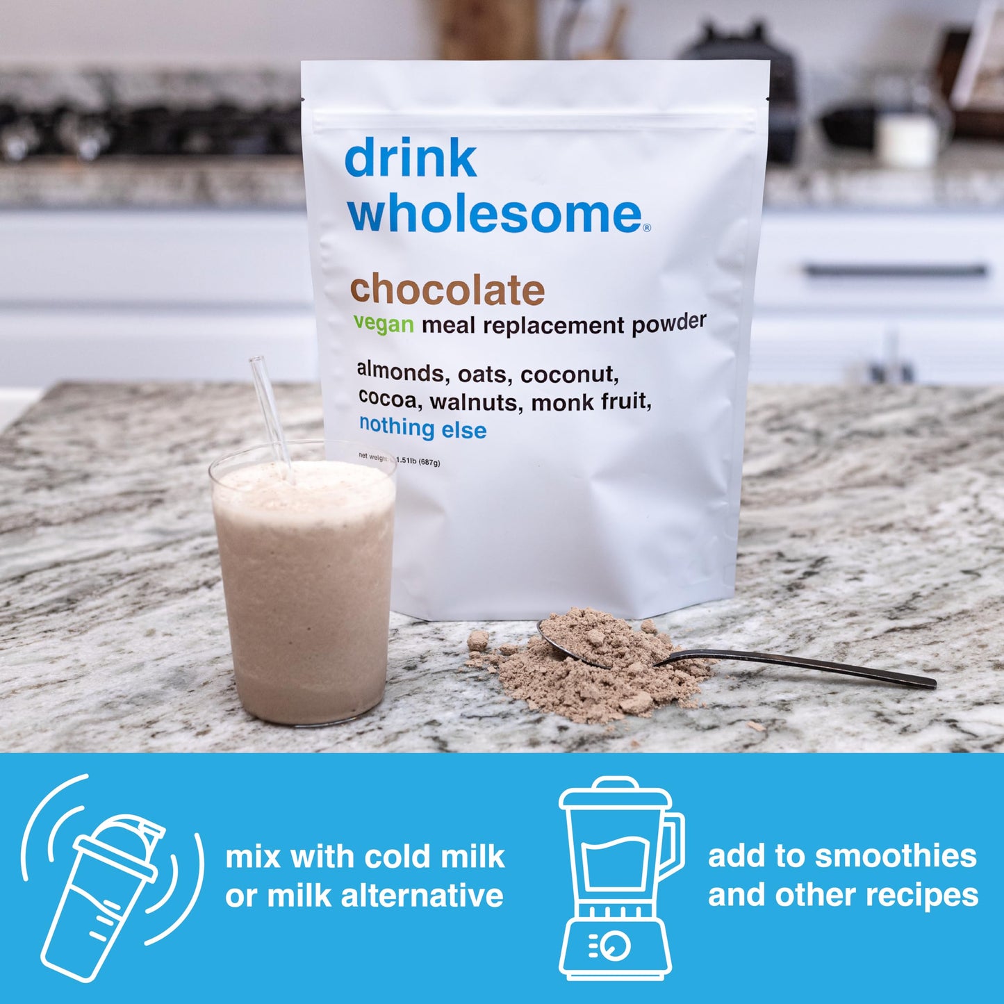 Drink Wholesome Vegan Chocolate Meal Replacement Powder, Dairy Free, Low Sodium, 1.51 oz