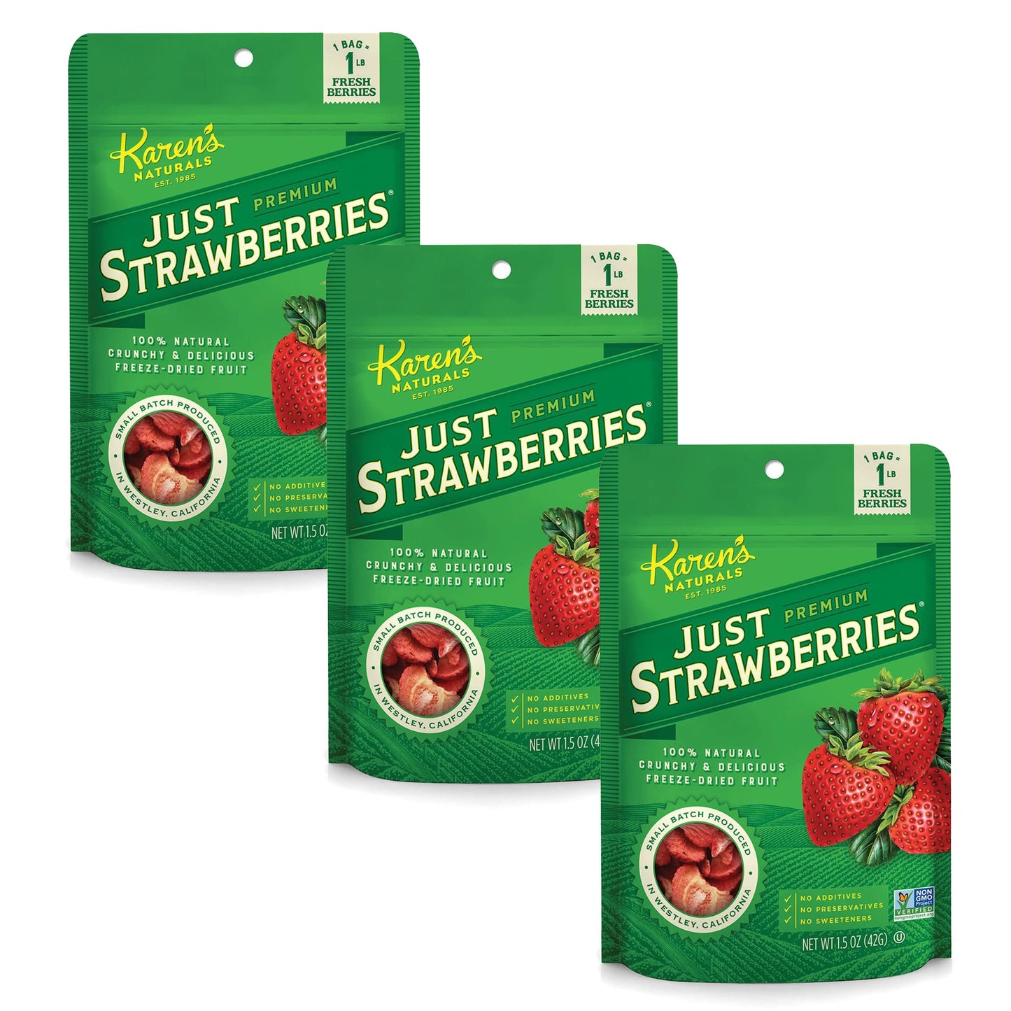 Karen's Naturals Freeze-Dried Strawberries, 1.5oz, Pack of 3 - Flavor Packed Freeze Dried Fruit Snack, Crunchy Strawberries, Hea