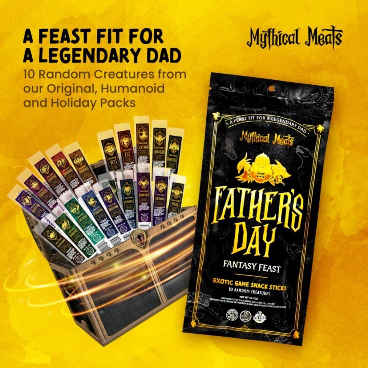 Mythical Meats Fathers Day Fantasy Feast Gift Pack - 10 Random Exotic Game And Beef Snack Sticks - Dried & Dehydrated Meats Seas